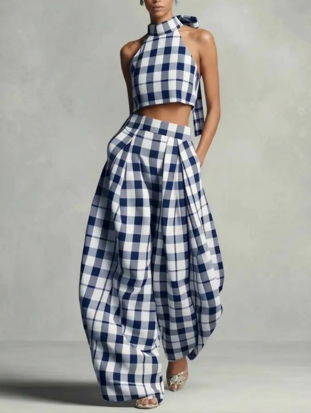 Beige-Brown Plaid Halter Crop Top And Wide-Leg Lantern Pants Set | Retro Elegant